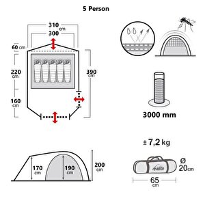 Evolite Excamp 5 Pro Sun Fresh Aile Çadırı Upf80
