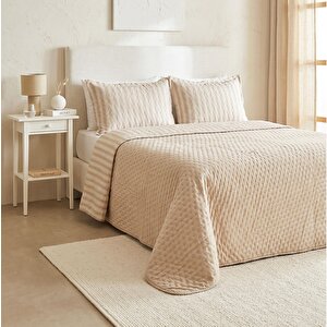 Pamuklu Kapitoneli Bej Renk Çizgi Desen Çift Kişilik Yatak Örtüsü Seti 1 Adet 250 X 230 / 2 Adet 50 X 70 Cm