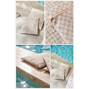 2'li Su Geçirmez Pvc Astarlı Gri Dama Desen Islak Kuru Çantası 28 X 30 / 30 X 36 Cm