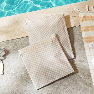 2'li Su Geçirmez Pvc Astarlı Gri Dama Desen Islak Kuru Çantası 28 X 30 / 30 X 36 Cm