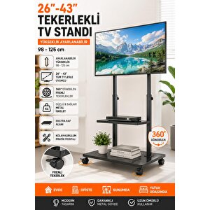 26-43 İnç Uyumlu Frenli Tekerlekli Yükseklik Ayarlı Mobil Tv Standı Konsol Hareketli Televizyon Ünitesi