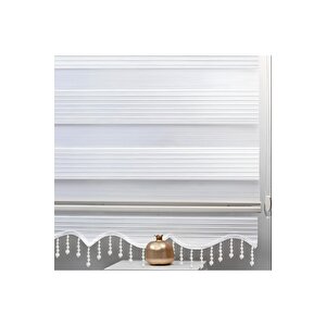 Beyaz Piliseli Boncuklu Kumaş Zebra Stor Perde 95x95 cm