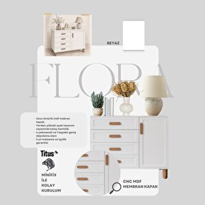 Flora Bohem Serisi 4 Çekmeceli 1 Kapaklı Şifonyer Modern Tasarım Mdf Mebran Kapak Beyaz 95x90