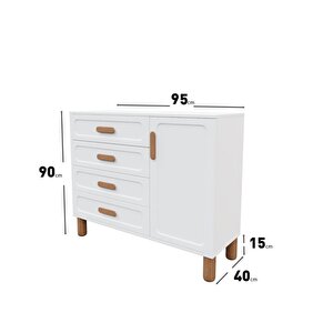 Flora Bohem Serisi 4 Çekmeceli 1 Kapaklı Şifonyer Modern Tasarım Mdf Mebran Kapak Beyaz 95x90