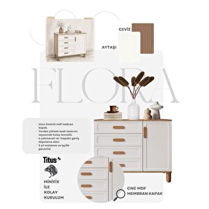 Flora Bohem Serisi 4 Çekmeceli 1 Kapaklı Şifonyer Modern Tasarım Mdf Mebran Kapak Aytaşı Ceviz 95x90