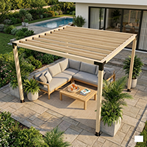 Iahşap Dört Direkli Ahşap Üst Izgaralı Bahçe Pergola 2,4x2,4 Metre