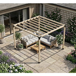 Iahşap Dört Direkli Ahşap Üst Izgaralı Bahçe Pergola 2,4x2,4 Metre