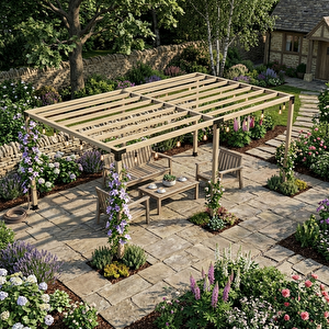 Iahşap Altı Direkli Ahşap Üst Izgaralı Büyük Pergola 3x4,8 Metre