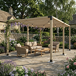 Iahşap Altı Direkli Ahşap Üst Izgaralı Büyük Pergola 3x4,8 Metre