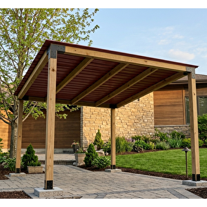 Iahşap Dört Direkli Trapez Sac Kaplı Bahçe Pergola 2,4x2,4 Metre