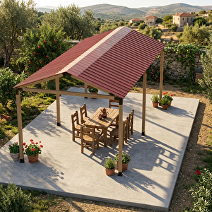 Iahşap Altı Direkli İzmir Çatılı Trapez Sac Kaplı Büyük Boy Pergola 3x6 Metre