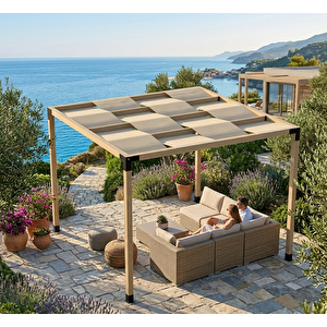Iahşap Dört Direkli Dalgılı Brandalı Gölgelikli Dekoratif Bahçe Pergola 2,4x2,4 Metre