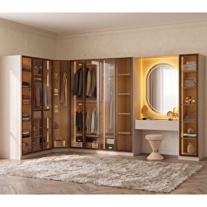 Lora Camlı Gardırop %100 Mdf Makyaj Üniteli Puflu Köşe Full Set Modüler Giyinme Odası Dolabı