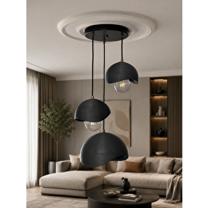 Modern Siyah Wabi-sabi 3'lü Sarkıt Avize - 3d Tasarım Beyaz Beton Dokulu Hafif Avize (Ampul Hediyeli)  (50 Cm En / 100 Cm Boy) Siyah