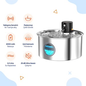W2 Kedi Su Sebili 3.2l | Otomatik, Paslanmaz Çelik, Kablosuz Şarj Edilebilir, 4000mah Pil,