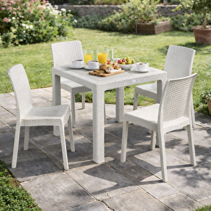 Regnum 90x90 Rattan Görünümlü Camsız Masa Takımı | 4 Kişilik Balkon & Bahçe Seti Beyaz