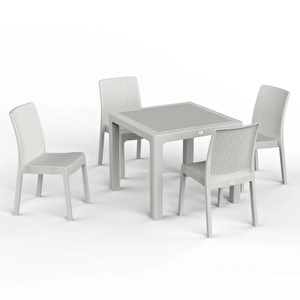 Regnum 90x90 Rattan Görünümlü Camsız Masa Takımı | 4 Kişilik Balkon & Bahçe Seti Beyaz
