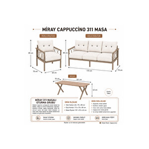 Mi̇ray Cappuccino 311 Masalı Bahçe & Balkon Oturma Grubu – 3+1+1 Metal İskelet, Bej Minderli Bej