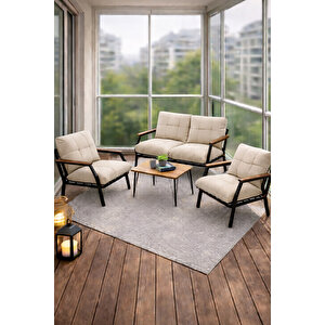 Linda 2+1+1 Sehpalı Krem Bahçe Balkon Takımı Fermuarlı Minderli Metal Koltuk Takımı Krem