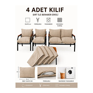 Balkon Bahçe Takımı Minder Kılıfı 4’lü Set Bej 55x90 Cm Fermuarlı Yıkanabilir Bej
