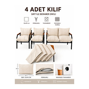 Balkon Bahçe Takımı Minder Kılıfı 4’lü Set Krem 55x90 Cm Fermuarlı Yıkanabilir Krem