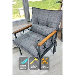 Miray Düğmeli Gri Tekli Koltuk Fermuarlı Keten Kumaş, Modern Konforlu Bahçe Balkon Mobilyası Gri
