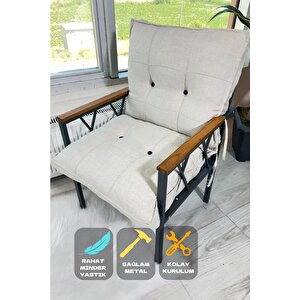 Miray Düğmeli Krem Tekli Koltuk Fermuarlı Keten Kumaş, Modern Konforlu Bahçe Balkon Mobilyası Krem