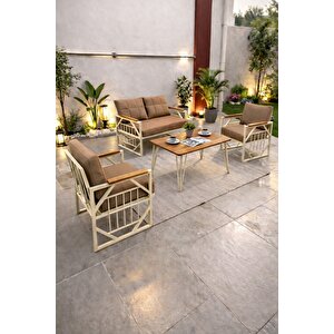 Violet Cappuccino 2+1+1 Masalı Kahverengi Minderli Metal Balkon Bahçe Oturma Grubu Kahverengi