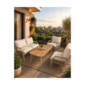 Daisy Cappuccino Bej Makrome Örgülü 2+1+1 Masalı Bej Bahçe & Balkon Takımı Cappuccino