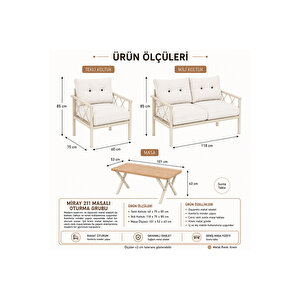 Miray Krem 211 Masalı Gri Fermuarlı Düğmeli Bahçe Oturma Grubu Balkon Oturma Takımı Salon Teras Gri