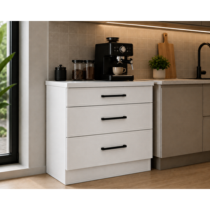 Şah Mutfak 3 Çekmeceli Alt Modül 80 Cm - Çok Amaçlı Dolap - Beyaz Laminat Tezgah Dahil - Beyaz