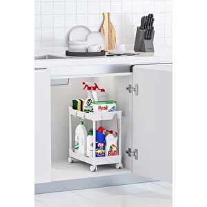 Beyaz 2 Katlı Tekerlekli Düzenleyici Mutfak Ve Banyo Rafı