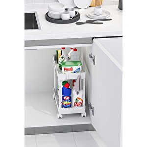Beyaz 2 Katlı Tekerlekli Düzenleyici Mutfak Ve Banyo Rafı