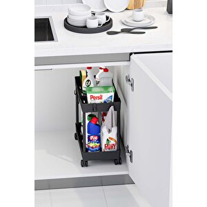 Siyah 2 Katlı Tekerlekli Düzenleyici Mutfak Ve Banyo Rafı