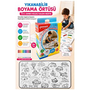 Boyama Örtüsü Yıkanabilir 100x15 Cm 1 Paket 12 Renk Jumbo Keçeli Kalem Penmark Sevinli Hayvanlar Boyama