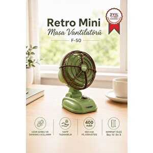 Şarjlı Masaüstü Vantilatör Vintage Retro Tasarım 400 Mah Taşınabilir Masa Fanı F50 Yeşil