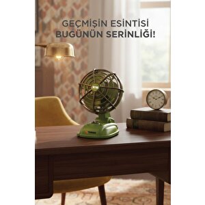 Şarjlı Masaüstü Vantilatör Vintage Retro Tasarım 400 Mah Taşınabilir Masa Fanı F50 Yeşil
