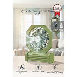 Şarjlı Masaüstü Vantilatör Powerbank 3600 Mah Işıklı Taşınabilir Masa Fanı F58 Yeşil