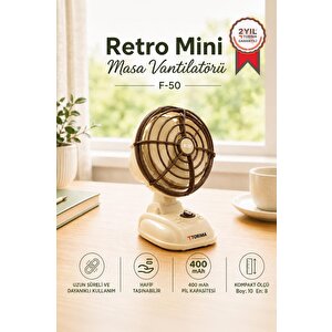 Şarjlı Masaüstü Vantilatör Vintage Retro Tasarım 400 Mah Taşınabilir Masa Fanı F50 Beyaz