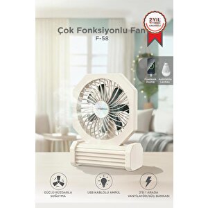 Şarjlı Masaüstü Vantilatör Powerbank Özellikli 3600 Mah Işıklı Taşınabilir Masa Fanı F58 Bej