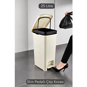 Srl-3029 Slim Pedallı Plastik Çöp Kovası İç Kovalı 25 Litre Bej