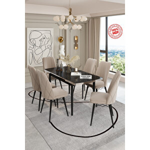 Açılabilir Yemek Masası Takımı Mdf Masa Takımı Siyah Mermer Desenli Yemek Masası 6 Sandalyeli Bej