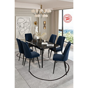 Açılabilir Yemek Masası Takımı Mdf Masa Takımı Siyah Mermer Desenli Yemek Masası 6 Sandalyeli Lacivert