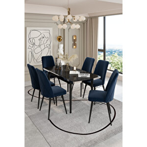 80x130 Açılabilir Yemek Masası, Yemek Masa Takımı, 6 Kişilik Masa Sandalye Lacivert