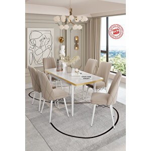 Açilabi̇li̇r Mdf Masa Takimi 6 Ki̇şi̇li̇k Baby Face Kumaşli Sandalyeli̇ Bej