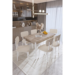 Paris Mutfak Masası Takımı Yemek Odası Takımı Açılabilir Masa 6 Sandalyeli 80 X 130 Masalı Krem
