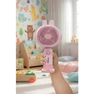Şarjlı El Vantilatörü Telefon Standlı 3 Kademeli Tavşan Figürlü Masa Fanı F67 Pembe