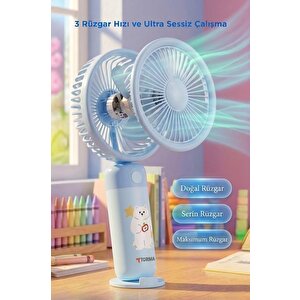 Şarjlı El Vantilatörü Masaüstü Stantlı 3 Kademeli Taşınabilir Mini Fan F56 Mavi