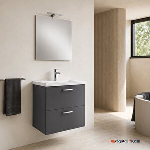 Noah Antrasit 65 Cm Çift Çekmeceli Alt Dolap, Lavabo Ve Ayna Takımı