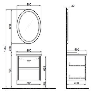 Kale Miro 65 Cm Mat Gri Banyo Dolabı Takımı